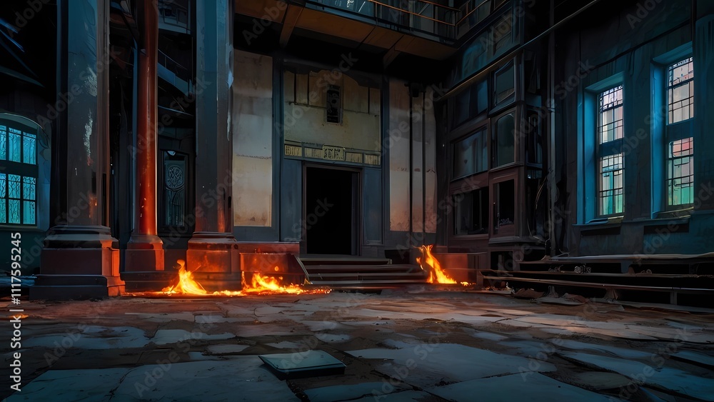 ゲーム背景 ホラー風錆びれた廃工場の鉄骨が燃え始めている火事の床のあるステージ風景
ゲーム背景 ホラー風錆びれた廃工場の鉄骨が燃え始めている火事の床のあるステージ風景
