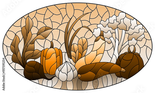 An illustration in the style of a stained glass window with a composition of ripe fresh vegetables on a table, oval image, tone brown