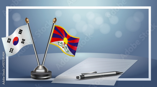 South Korea and Tibet Small national flag on bokeh background, cooperative relationship