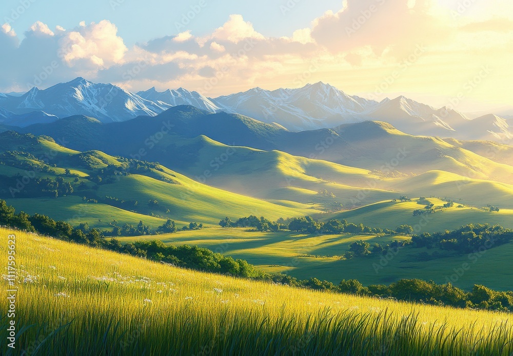 Fototapeta premium Serene Landscape with Rolling Green Hills and Majestic Mountains Under a Soft Golden Sunrise, Invoking Peace and Natural Beauty for Scenic Themes