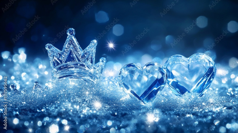 Beautiful ice crystals sparkle, shaped like stars, crowns, and hearts. They are made of clear, shiny material and have glowing edges. Beautiful ice crystals sparkle, shaped like stars, crowns, and hearts. They are made of clear, shiny material and have glowing edges.