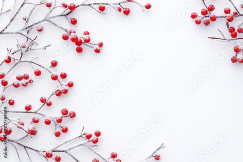 Winter branches with red berries covered in snow on white background