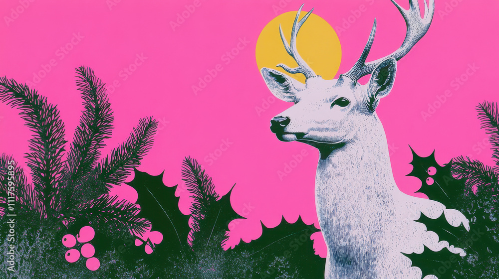 Naklejka premium Surreal Deer with Antlers Against Neon Pink Background and Abstract Foliage