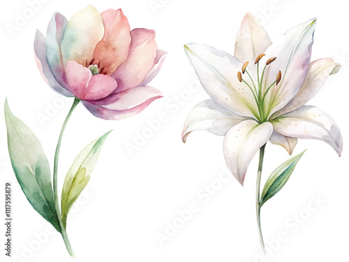 Two flowers, one pink and one white, are painted in watercolor