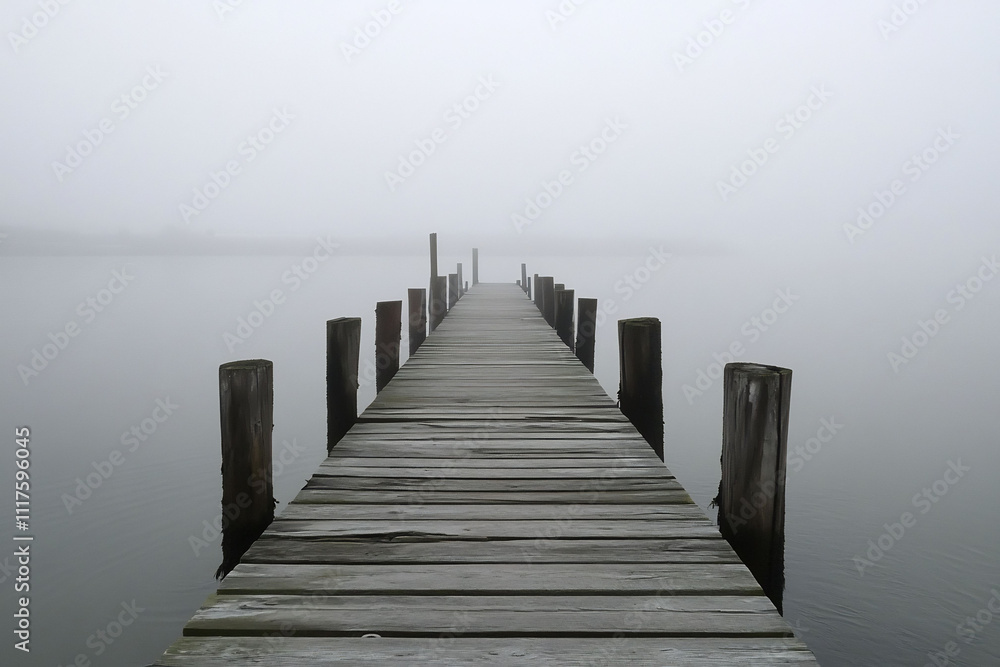 Naklejka premium Weathered wooden pier leading into a misty sea the distant horizon obscured by thick fog with soft waves gently crashing against the wooden beams of the pier