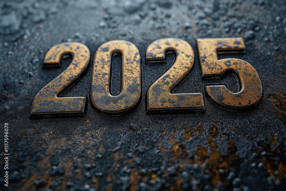 Rusty metallic 2025 numbers on wet textured surface Rusty metallic 2025 numbers on wet textured surface