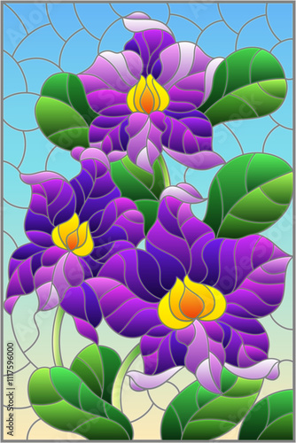 An illustration in the style of a stained glass window with orchid flowers on a blue sky background