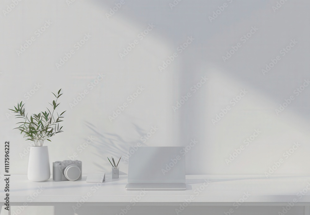 Minimalist workspace with a laptop. camera. plant. and stationery on a white desk against a white wall with sunlight Minimalist workspace with a laptop. camera. plant. and stationery on a white desk against a white wall with sunlight