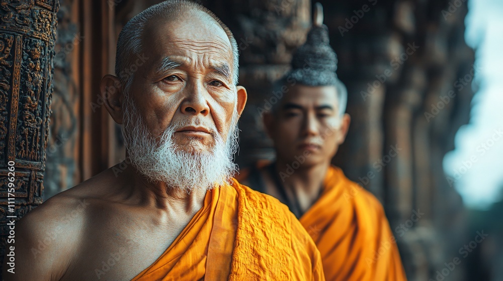 Naklejka premium mountain, temple, monks, meditation, spiritual, religion, devotion, landscape, meditation, Buddhism, prayer, serenity, peaceful, temple architecture, monk robes, altitude, faith, pilgrimage, worship,