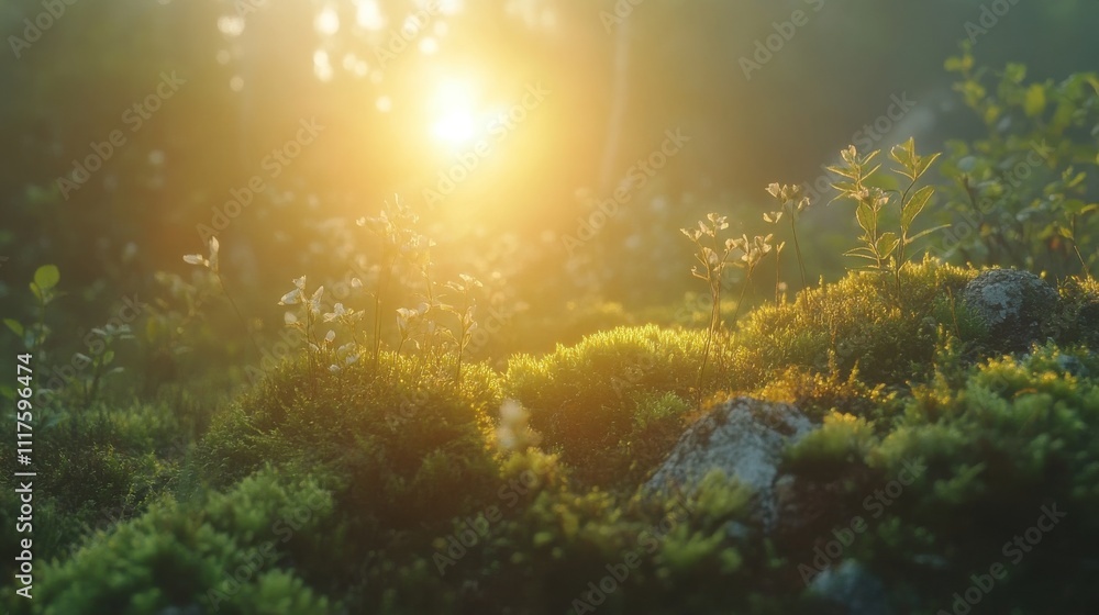 Serene Morning Light Enhances Vibrant Green Moss and Delicate Wildflowers in a Lush Forest Setting at Dawn, Evoking Tranquility and Natural Beauty Serene Morning Light Enhances Vibrant Green Moss and Delicate Wildflowers in a Lush Forest Setting at Dawn, Evoking Tranquility and Natural Beauty