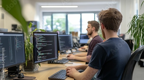 Programmers working on computer code in an office