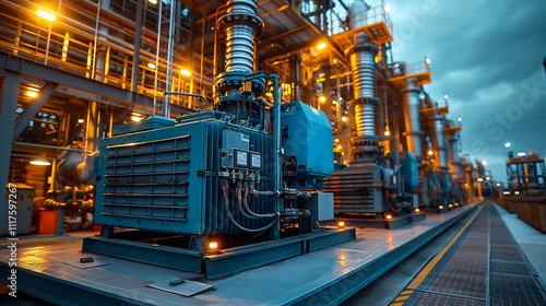 Industrial machinery operates at twilight in a power plant. Generative AI