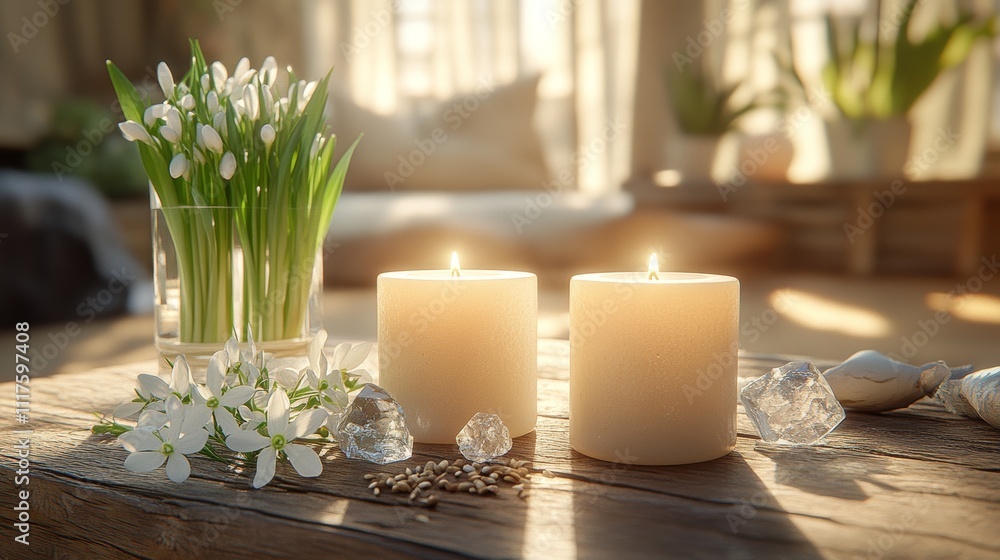 Candlelit Spring Equinox Altar with Snowdrops, Seeds, and Crystals, Symbolizing Renewal and Balance in Nature Candlelit Spring Equinox Altar with Snowdrops, Seeds, and Crystals, Symbolizing Renewal and Balance in Nature
