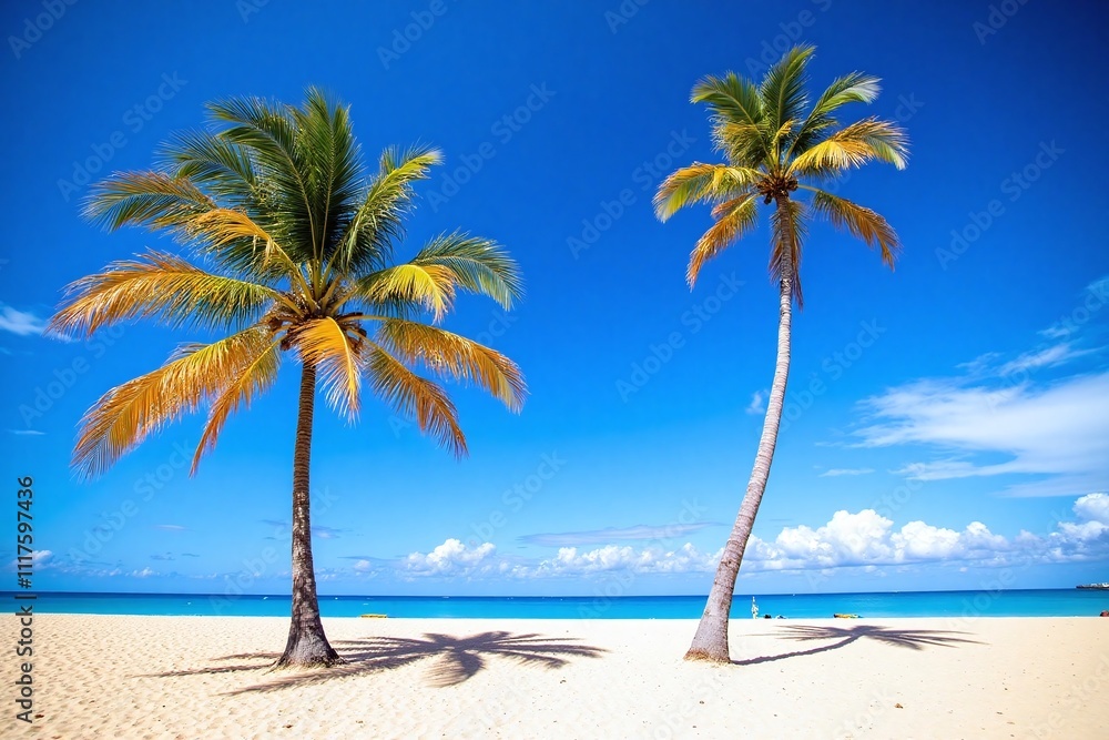 Fototapeta premium Serene beach scene under blue sky palm trees sand