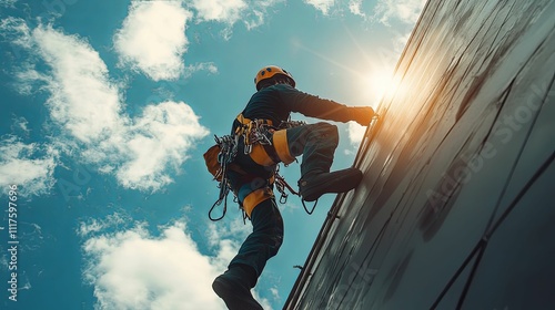 Industrial Worker Ascending A Tall Building Exterior
