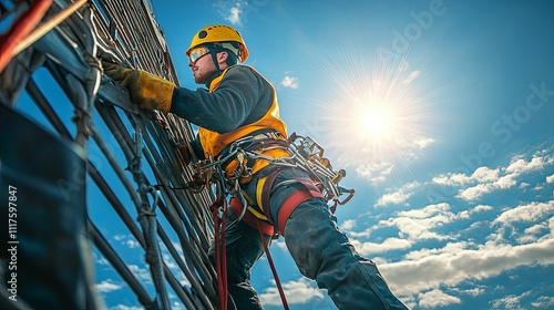 Industrial Worker Ascending Metal Structure Outdoors