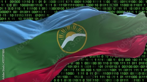 Karachay Cherkessia flag - 3D realistic waving flag on matrix digital background with binary code photo