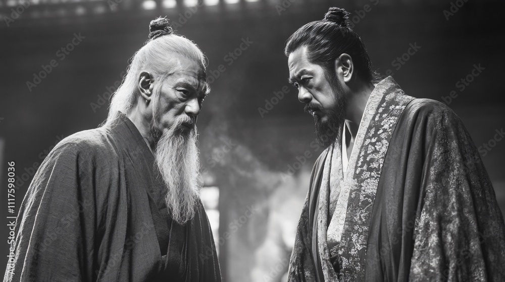 Naklejka premium Mountain temple with monks in meditation, showcasing spiritual practice and devotion.