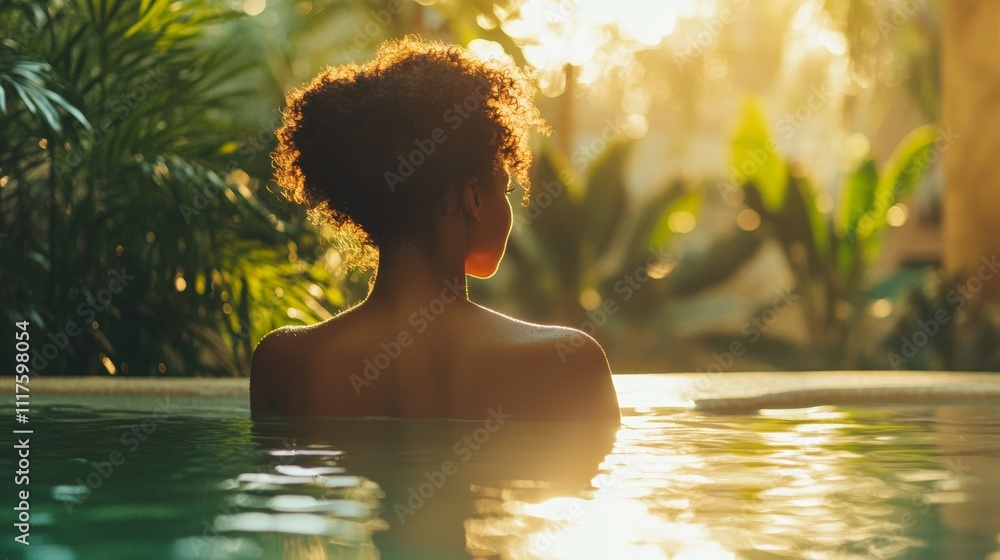 A serene outdoor spa session with a Black woman enjoying rejuvenation in natural sunlight by a lush poolside A serene outdoor spa session with a Black woman enjoying rejuvenation in natural sunlight by a lush poolside