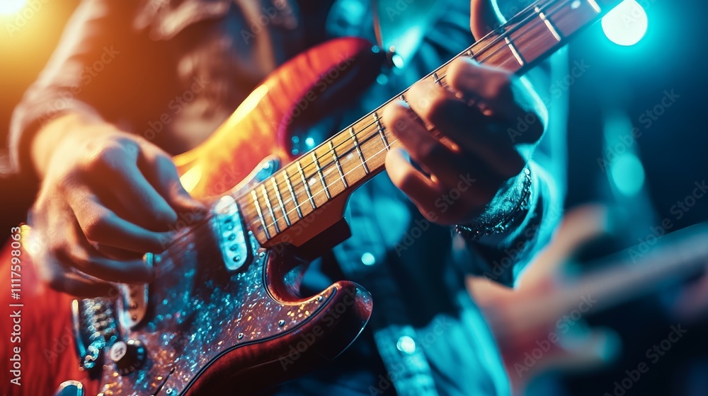 Obraz premium Intimate performance in an underground venue featuring a guitarist surrounded by a captivated audience at night