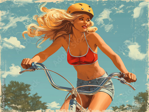 Young woman biking outdoors on sunny day in vintage style artwork. Generative AI
