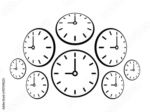 perspective analog clocks. eight wall clock faces. round analog clock