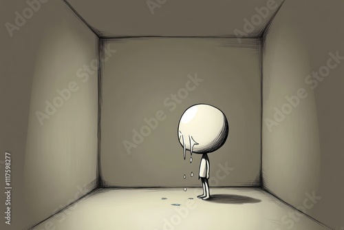 A solitary figure stands in a bare room, expressing sadness with tears.