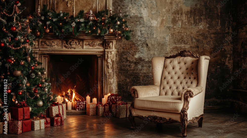 Fototapeta premium Cozy Christmas setting with lit fireplace and gifts by ornate chair