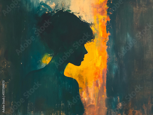 Silhouette of a woman against a colorful abstract background. Generative AI