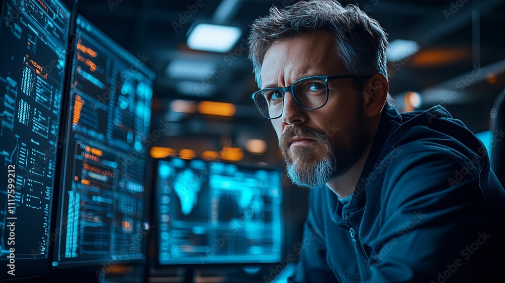 Serious Programmer Works Late Analyzing Data On Multiple Monitors Serious Programmer Works Late Analyzing Data On Multiple Monitors