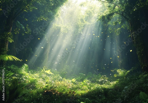 Wallpaper Mural Serene Sunlight Streaming Through Lush Green Forest Canopy with Vibrant Foliage and Gentle Rays Illuminating the Tranquil Woodland Landscape Torontodigital.ca