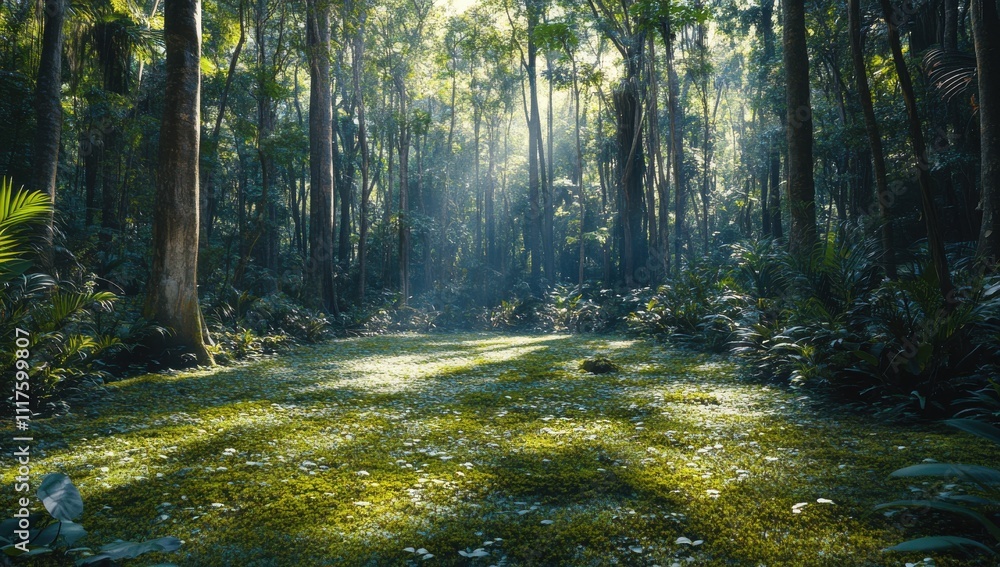Obraz premium Serene Sunlit Forest Landscape with Lush Greenery and Gentle Sunbeams Filtering Through Tall Trees in a Peaceful Natural Environment