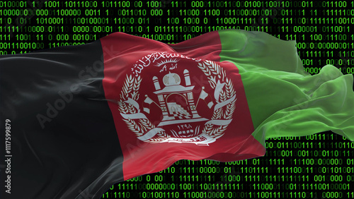 Afghanistan flag - 3D realistic waving flag on matrix digital background with binary code