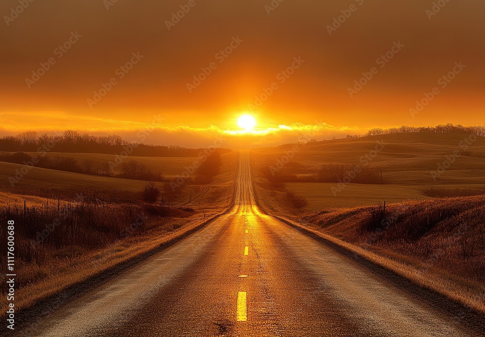 Serene Sunrise Over Empty Road in Rural Landscape Capturing the Beauty of Nature and Tranquility as Sun Rises Above Rolling Hills and Fields Serene Sunrise Over Empty Road in Rural Landscape Capturing the Beauty of Nature and Tranquility as Sun Rises Above Rolling Hills and Fields