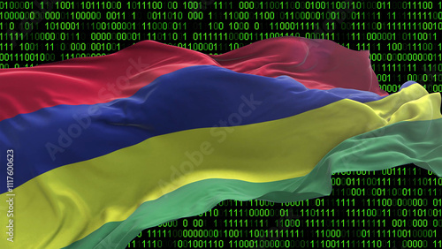Mauritius flag - 3D realistic waving flag on matrix digital background with binary code