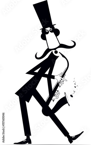 Cartoon long mustache saxophonist in the top hat. 
Funny mustache man in the top hat with saxophonist. Black and white illustration
