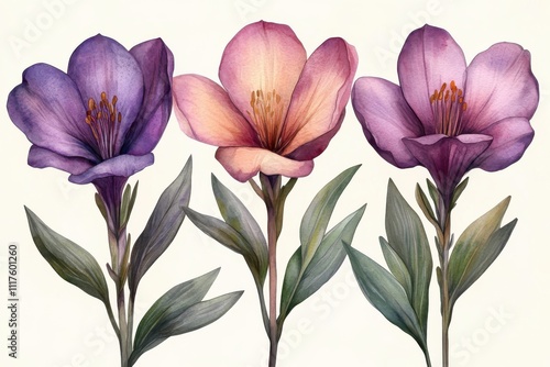 Three elegant flowers in varying shades, showcasing botanical beauty and artistic illustration.