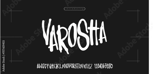 Varosha Font is Grunge Horror Font. Hand Made Brush Typeface. Vector Stock Illustration. Bloody Brush stroke Alphabet. Typography for scary headlines and horror movie scenarios Gore typography