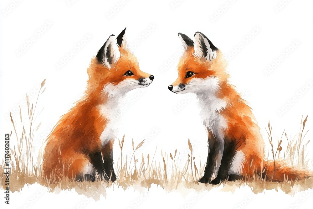 Fototapeta premium Two adorable foxes facing each other in a natural, grassy setting.