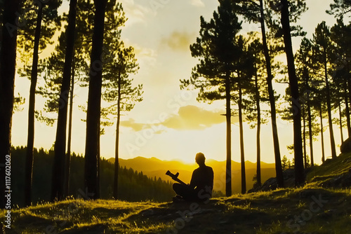 Woodcutter sharpens his axe by the light of the setting sun the towering trees around him bathed in golden light The scene is peaceful with only the distant rustling of leaves in the wind photo