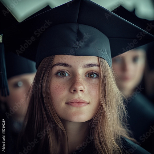 Portrait of a Young Female Graduate in Cap | Focused 25-Year-Old Student Diligently Working on Her Studies