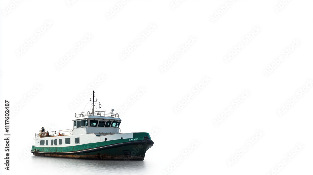 A solitary ferry boat with a sleek green and white design sails through calm waters, against a serene, minimalist white sky backdrop. A solitary ferry boat with a sleek green and white design sails through calm waters, against a serene, minimalist white sky backdrop.