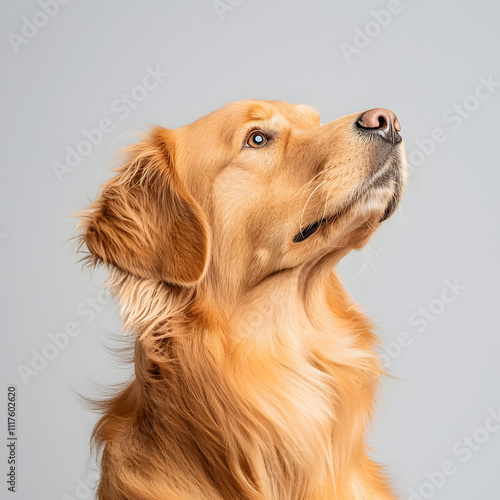  A Golden retriever in the wind against a white background. photo