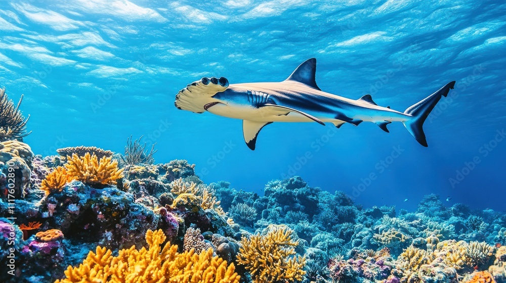 Fototapeta premium Hammerhead Shark Swimming in a Coral Reef