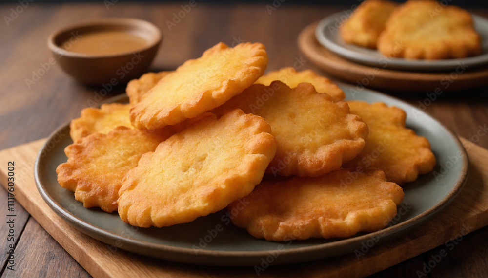 Golden Torta frita pieces in rustic style in warm tones for appetizing display Golden Torta frita pieces in rustic style in warm tones for appetizing display
