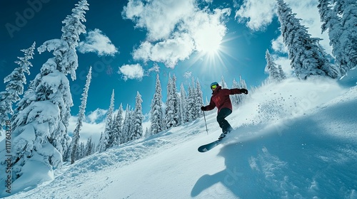 Snowboarder carving through fresh powder snow on a sunny winter day