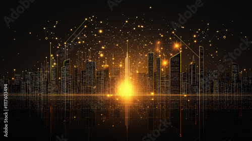 Golden futuristic cityscape with interconnected glowing nodes and skyscrapers. Concept of digital networks, smart cities, and urban innovation. #1117603494