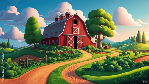farm cartoon style illustration background multiple way with barn and green nature