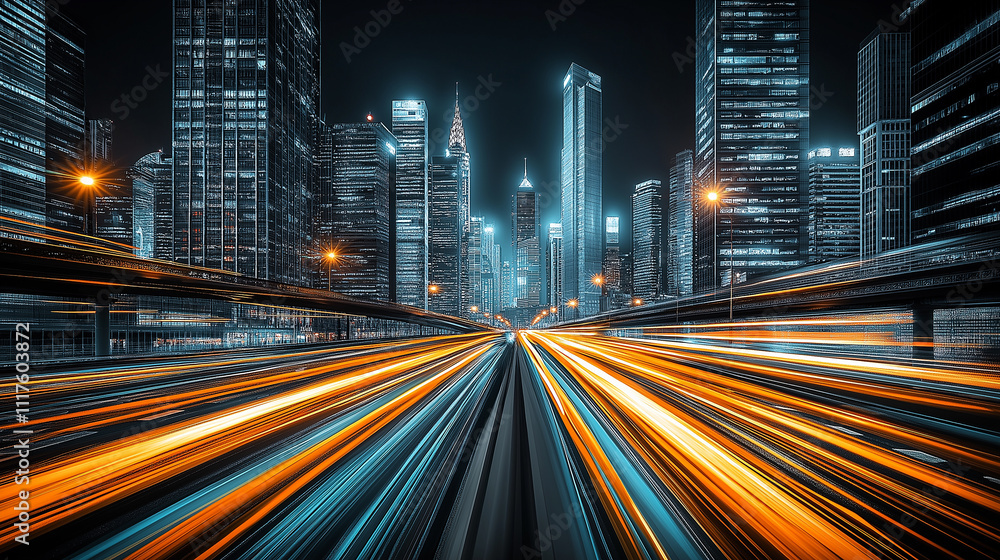 Naklejka premium Dynamic futuristic cityscape with blue and orange light trails representing speed and innovation. Concept of tech-driven urban efficiency and smart cities.