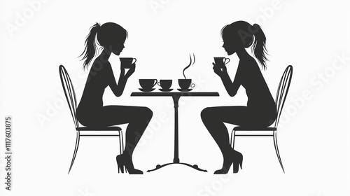 People drinking coffee at a table 2D black logo on a white background